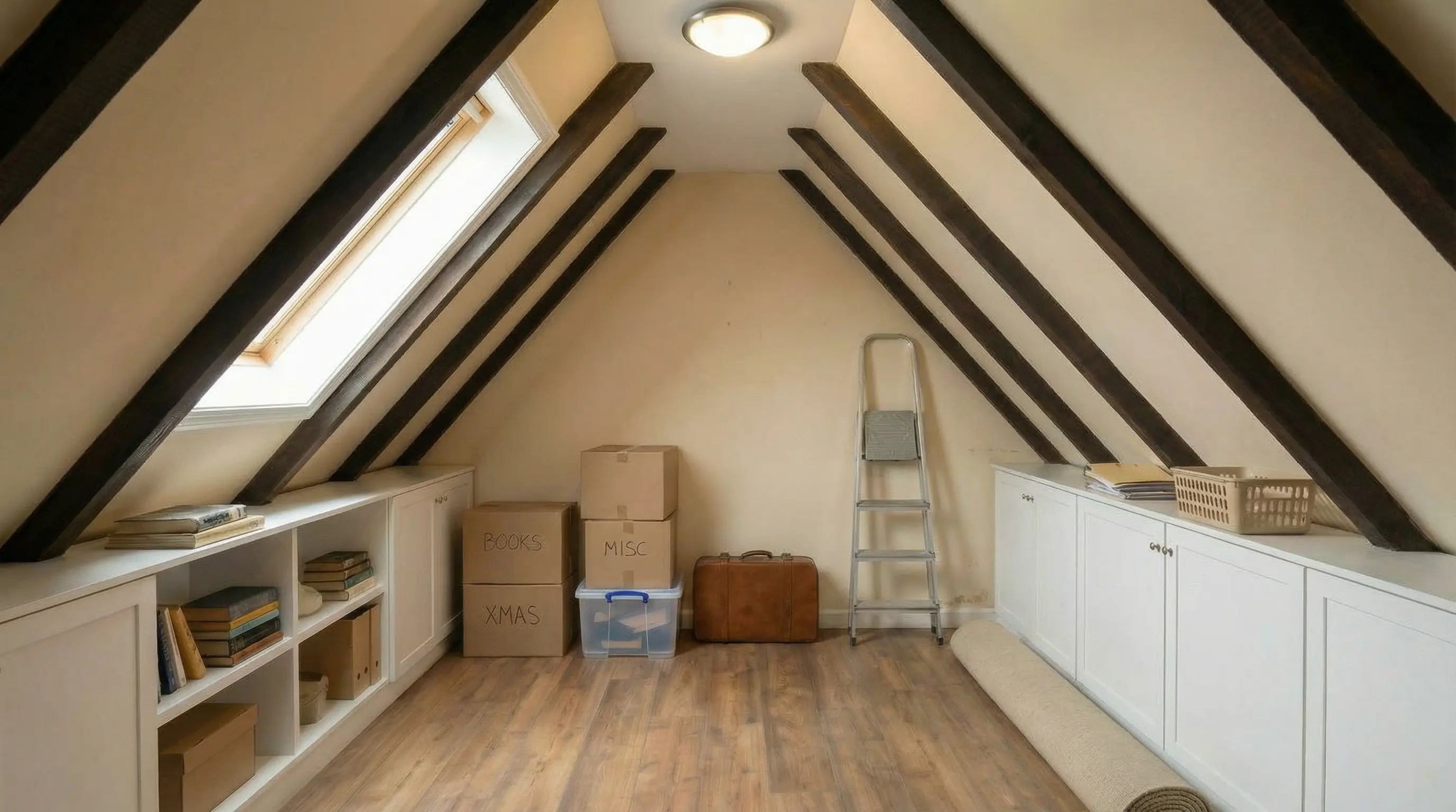 Cluttered attic full of storage boxes before AI redesign